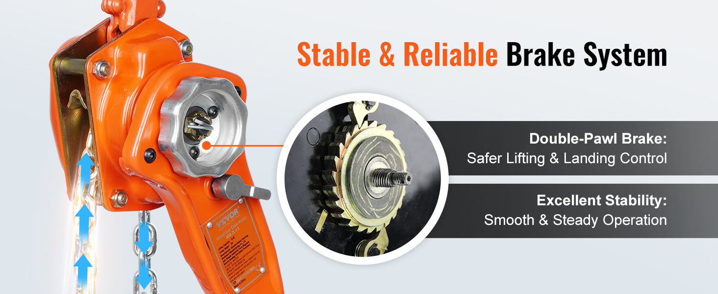 VEVOR chain lift with double-pawl brake system for stable and reliable lifting and landing control.