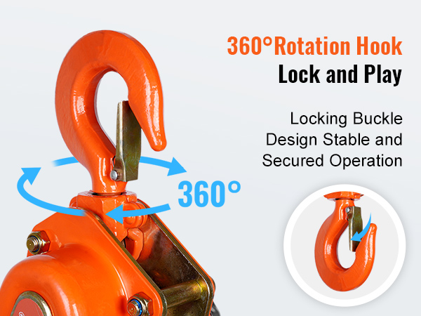 VEVOR chain lift with 360° rotation hook, showcasing locking buckle for stable operation.