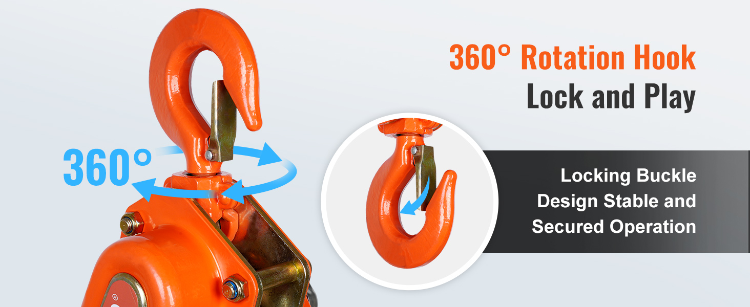 VEVOR chain lift with 360° rotation hook, showcasing locking buckle for stable operation.