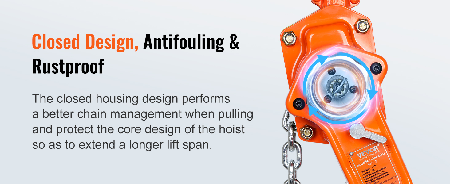 VEVOR chain lift: closed antifouling, rustproof design for better chain management and longer lifespan.