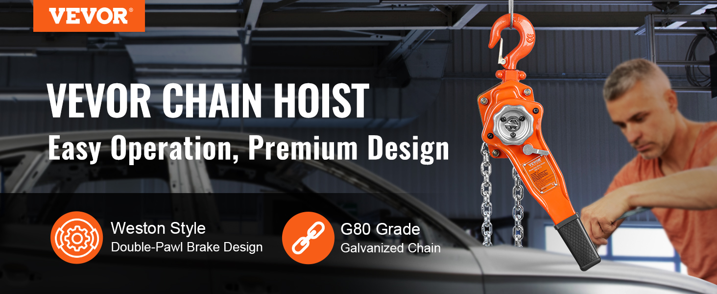 VEVOR chain hoist with double-pawl brake design and g80 grade galvanized chain for easy operation.