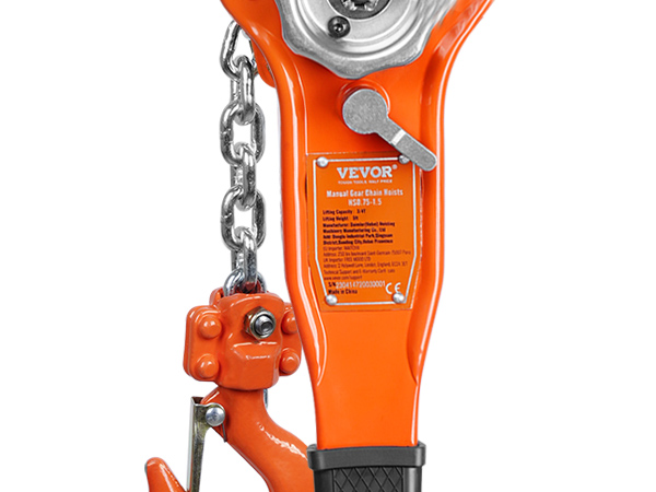 orange VEVOR chain lift with manual gear chain hoist and stainless steel chain.