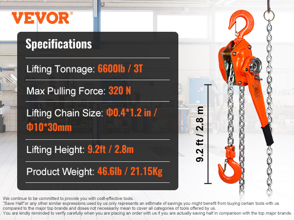 VEVOR manual lever chain hoist highlighting specifications: 6600lb capacity, 320n force, 9.2ft lift.
