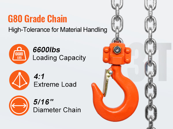 цепь g80 грузоподъемностью 6600 фунтов, предельной нагрузкой 4: 1 и диаметром 5/16 дюйма для ручной рычажной цепной тали VEVOR.