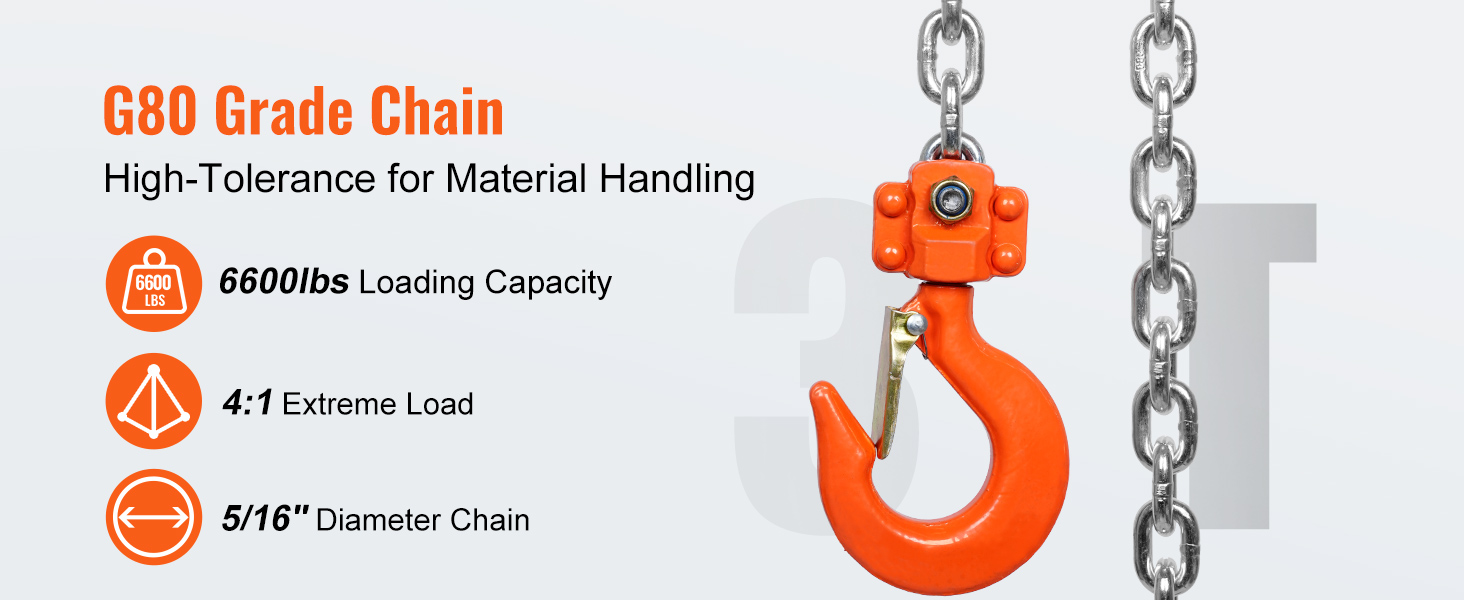 цепь g80 грузоподъемностью 6600 фунтов, предельной нагрузкой 4: 1 и диаметром 5/16 дюйма для ручной рычажной цепной тали VEVOR.