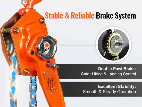 Ручная рычажная цепная лебедка VEVOR с двойной собачковой тормозной системой обеспечивает безопасную и стабильную работу.