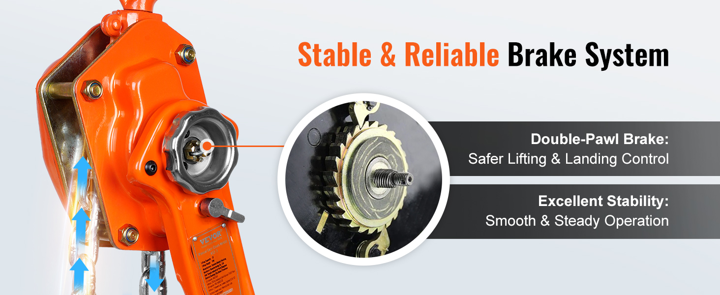 Ручная рычажная цепная лебедка VEVOR с двойной собачковой тормозной системой обеспечивает безопасную и стабильную работу.