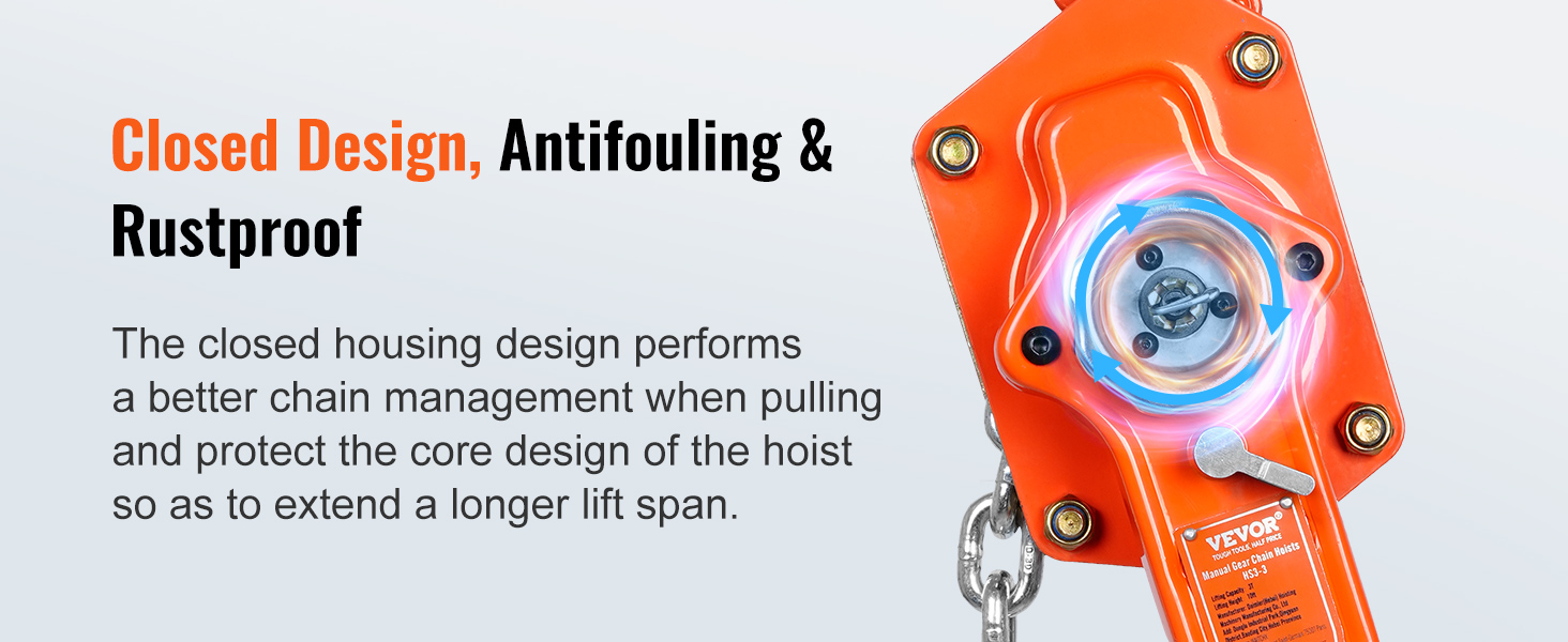 Ручная рычажная цепная лебедка VEVOR с закрытой конструкцией, противообрастающими свойствами и защитой от коррозии.