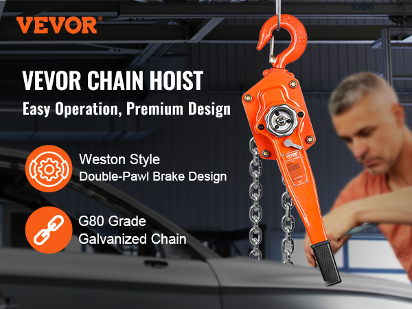 VEVOR manual lever chain hoist showcasing easy operation, weston style brake, and g80 grade galvanized chain.