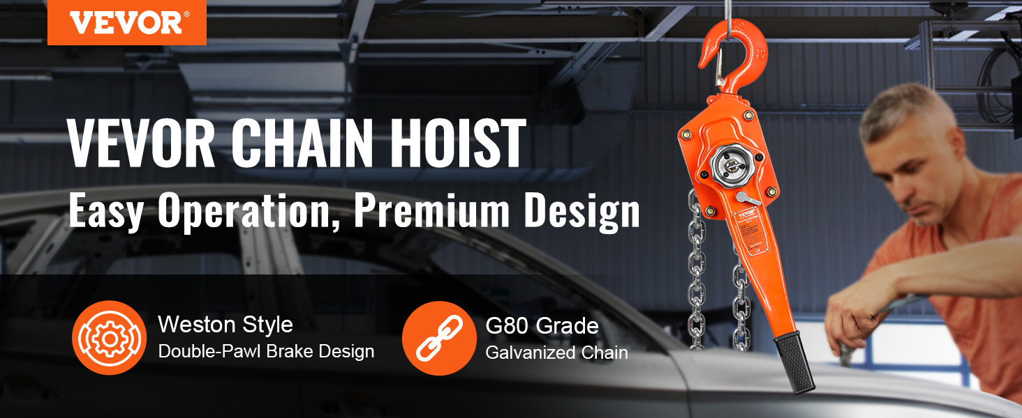 VEVOR manual lever chain hoist showcasing easy operation, weston style brake, and g80 grade galvanized chain.