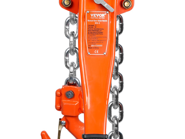 orange VEVOR manual lever chain hoist with metal chains and safety hook.