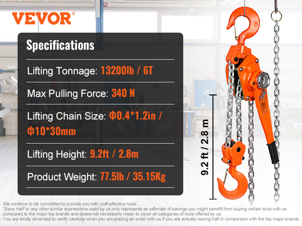 VEVOR chain hoist specifications: 13200lb lifting, 340n pulling force, 9.2ft height, 77.5lb weight, hq image.
