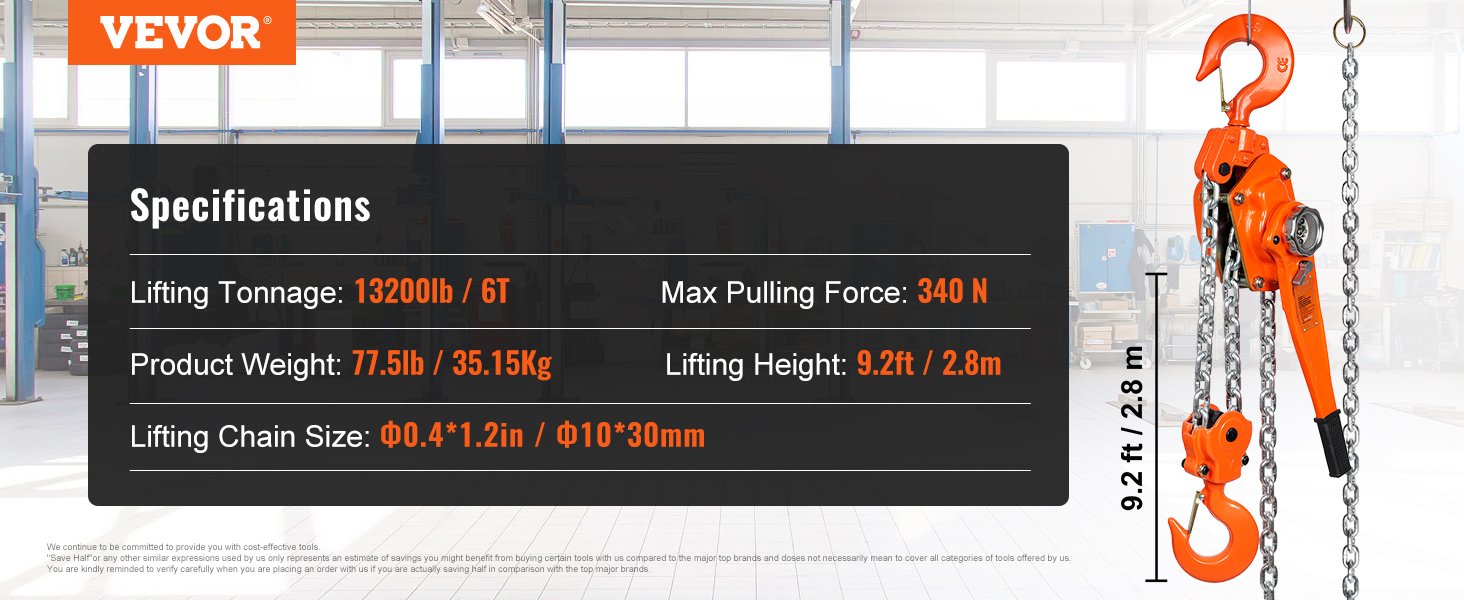 VEVOR chain hoist specifications: 13200lb lifting, 340n pulling force, 9.2ft height, 77.5lb weight, hq image.