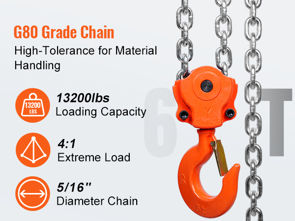 VEVOR chain hoist g80 grade, 13200lbs capacity, 4:1 load ratio, 5/16" chain, high tolerance for material handling.
