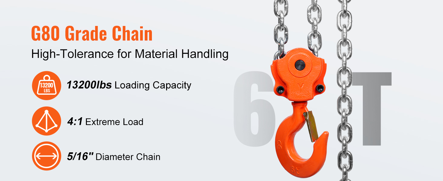 VEVOR chain hoist g80 grade, 13200lbs capacity, 4:1 load ratio, 5/16" chain, high tolerance for material handling.