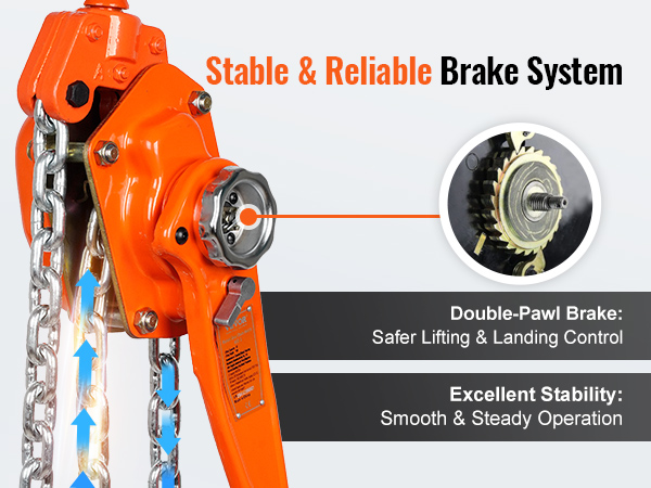VEVOR chain hoist with stable and reliable brake system, double-pawl brake, and excellent stability.