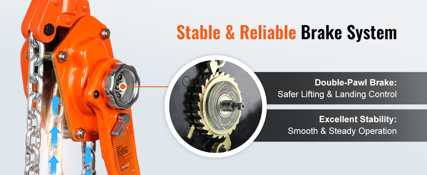 VEVOR chain hoist with stable and reliable brake system, double-pawl brake, and excellent stability.