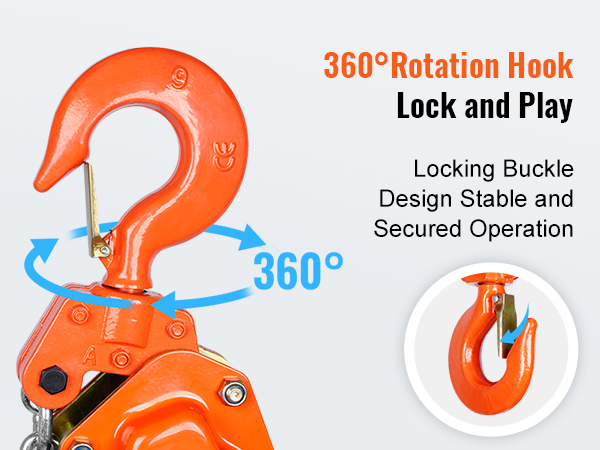 VEVOR chain hoist with 360° rotation hook and locking buckle for stable and secured operation.