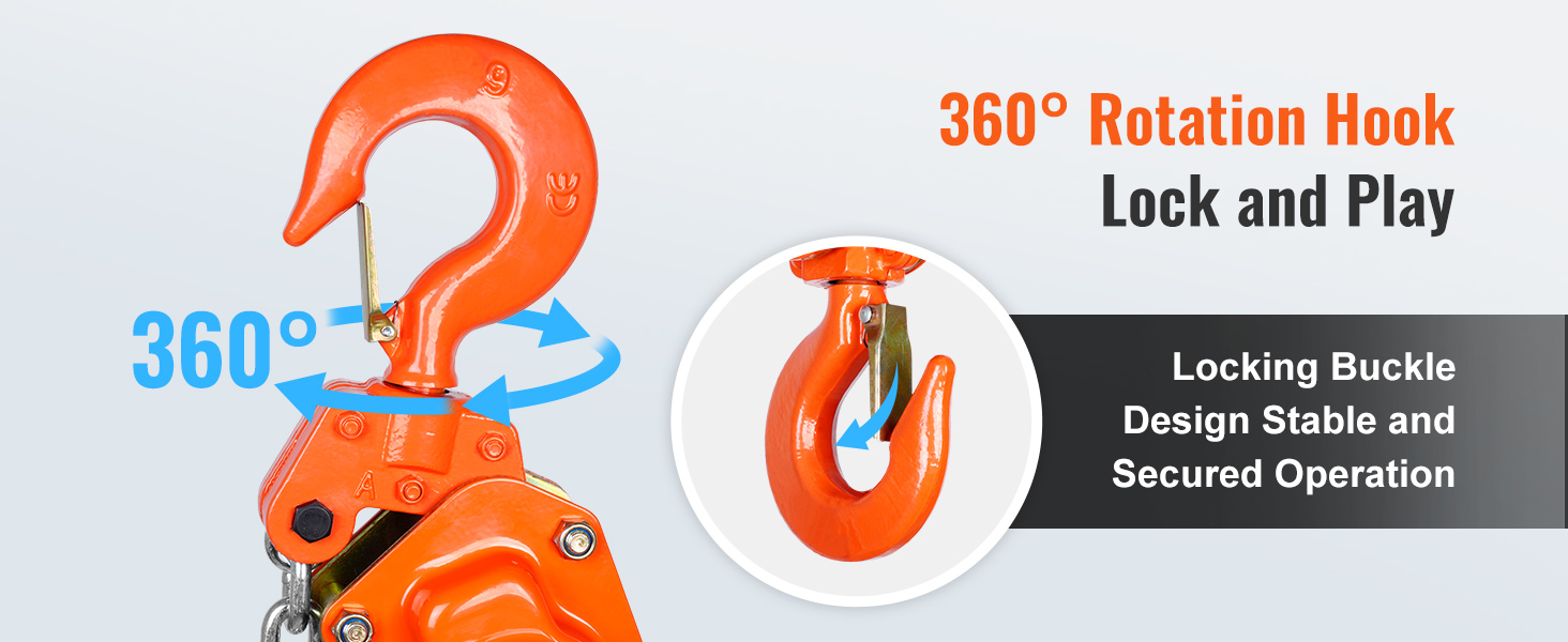 VEVOR chain hoist with 360° rotation hook and locking buckle for stable and secured operation.