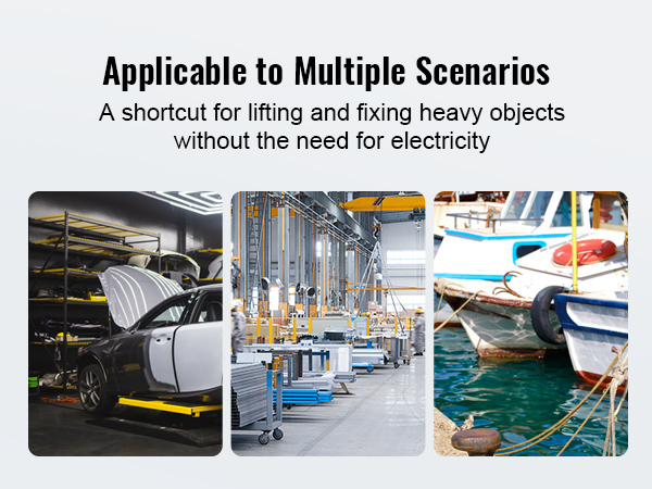 VEVOR chain hoist usage scenarios: car repair, manufacturing, boating, and industrial warehousing.