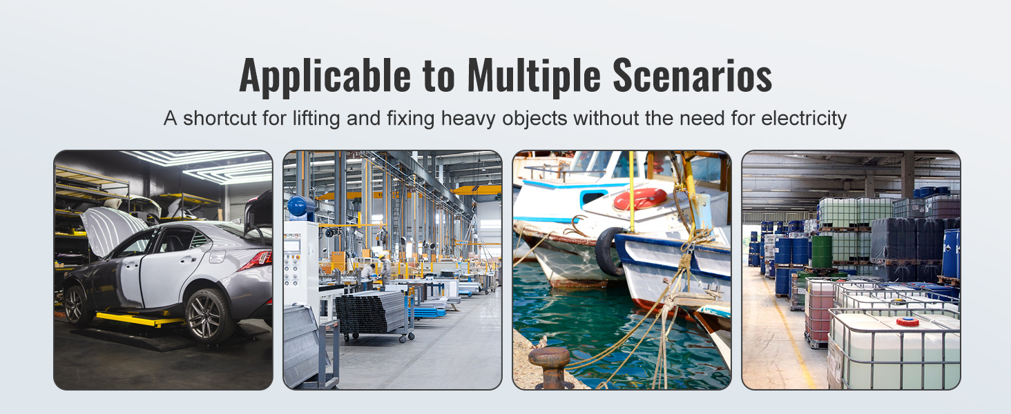 VEVOR chain hoist usage scenarios: car repair, manufacturing, boating, and industrial warehousing.