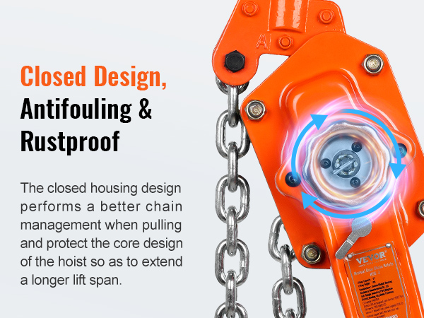 VEVOR chain hoist with orange closed design, antifouling, rustproof features, and manual gear system.