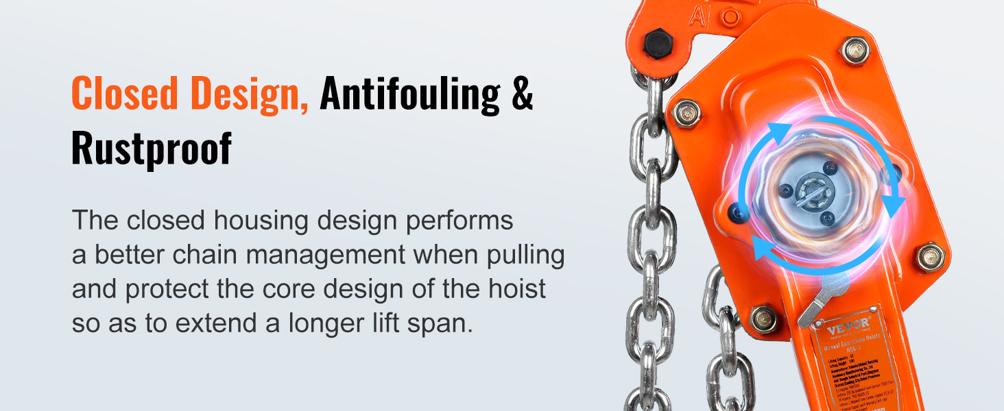 VEVOR chain hoist with orange closed design, antifouling, rustproof features, and manual gear system.