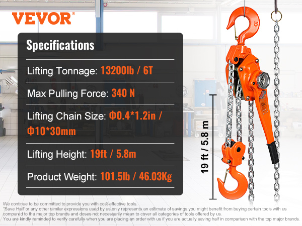 VEVOR manual lever chain hoist, 13200lb capacity, 19ft lifting height, 101.5lb weight, 340n pull force.