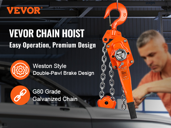 VEVOR manual lever chain hoist with g80 galvanized chain and weston style double-pawl brake design.