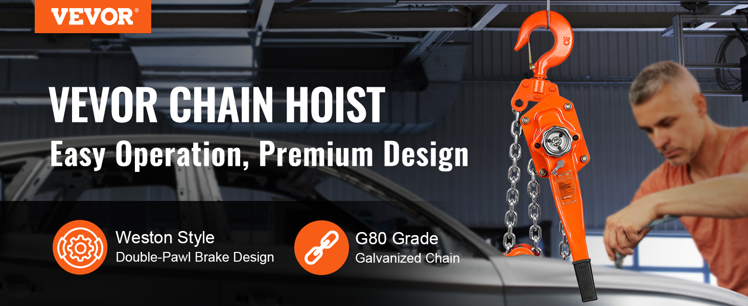 VEVOR manual lever chain hoist with g80 galvanized chain and weston style double-pawl brake design.