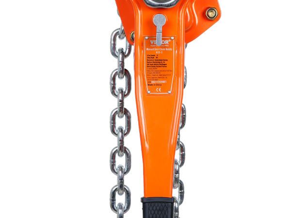 orange VEVOR chain hoist with metal chains and black grip handle.