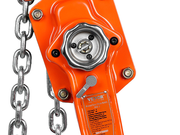 orange VEVOR manual lever chain hoist with metal chains and lever mechanism.