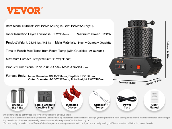 VEVOR gold melting furnace with crucible, tongs, insulated gloves, power cord, and user manual.