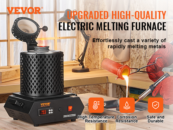 VEVOR gold melting furnace on a workbench with molten metal being poured into a mold.