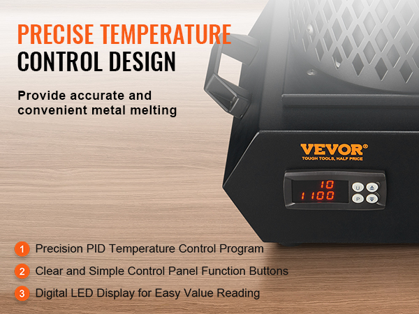 VEVOR gold melting furnace with precise temperature control, easy control panel, and digital led display.
