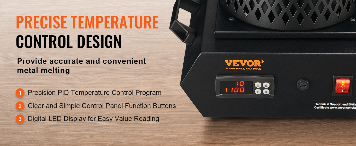 VEVOR gold melting furnace with precise temperature control, easy control panel, and digital led display.