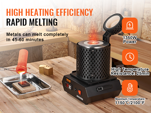VEVOR gold melting furnace in action, melting metal with 1350w power and 1150°c max temperature.