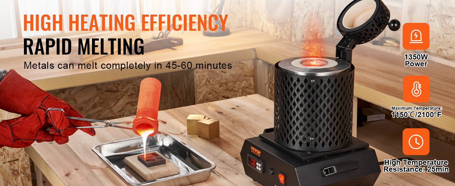 VEVOR gold melting furnace in action, melting metal with 1350w power and 1150°c max temperature.
