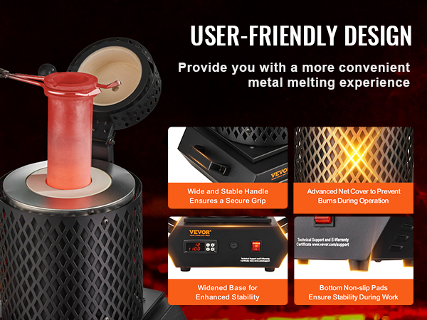 VEVOR gold melting furnace with wide handle, advanced net cover, and non-slip pads for enhanced safety.
