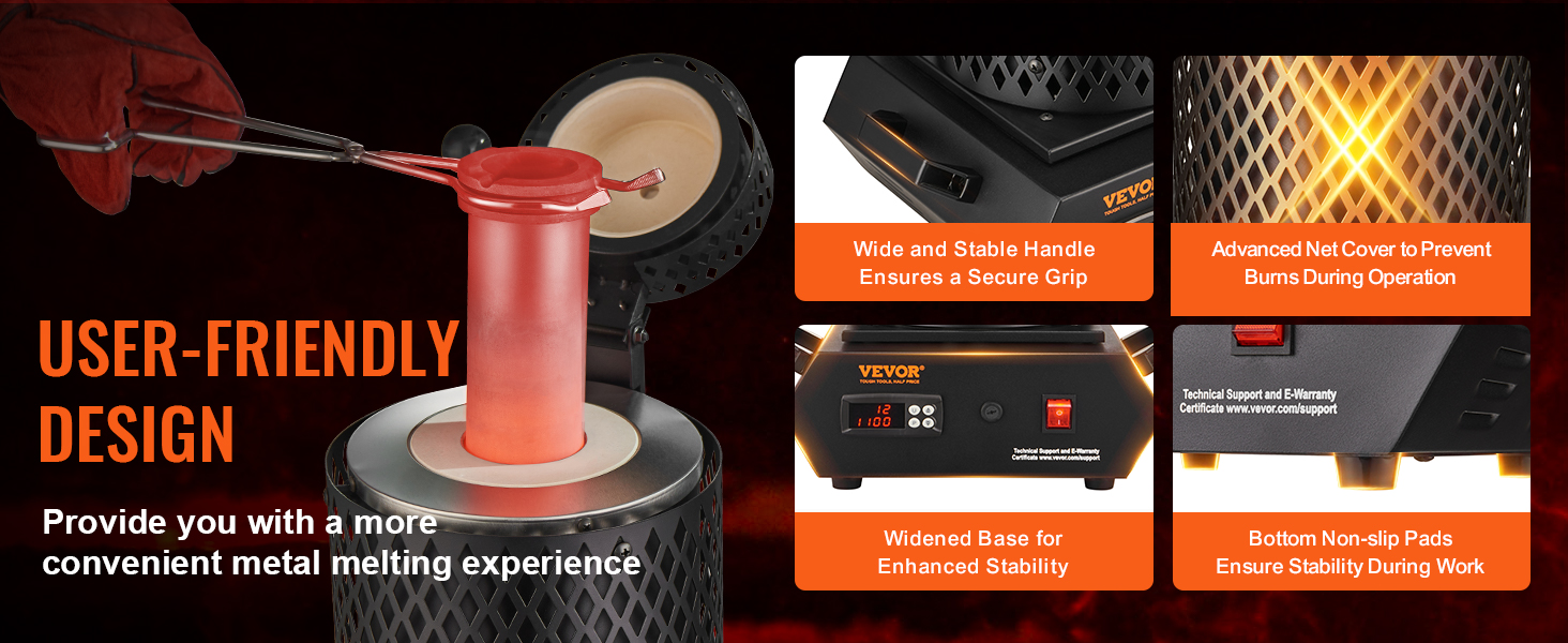 VEVOR gold melting furnace with wide handle, advanced net cover, and non-slip pads for enhanced safety.