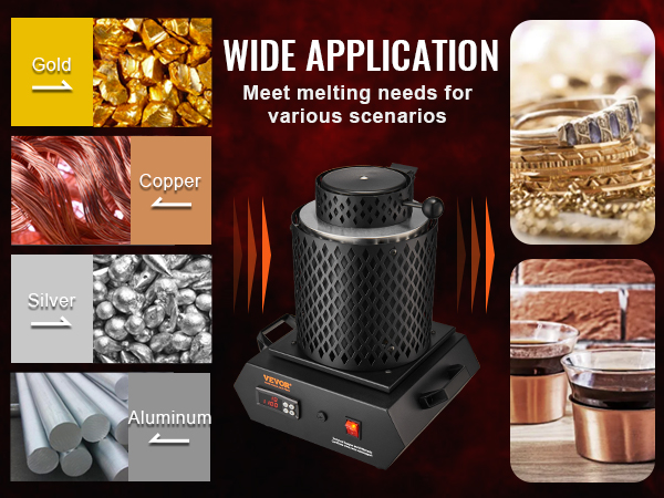 VEVOR gold melting furnace for melting gold, silver, copper, and aluminum with wide application uses.