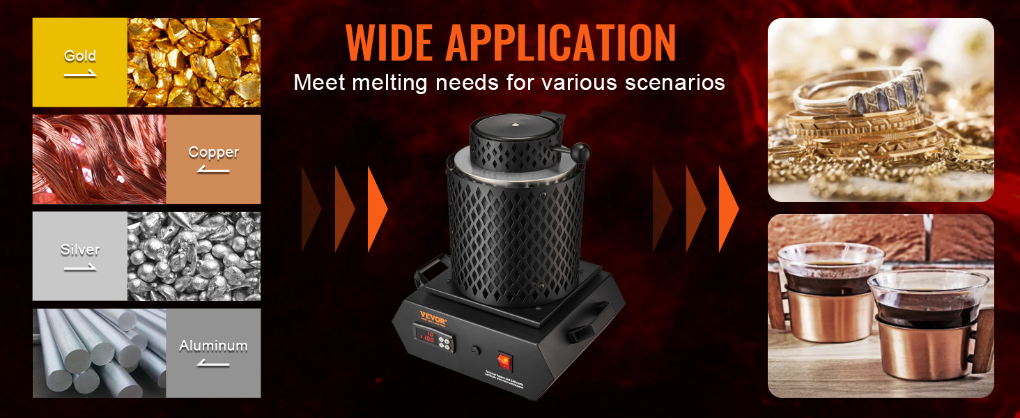 VEVOR gold melting furnace for melting gold, silver, copper, and aluminum with wide application uses.