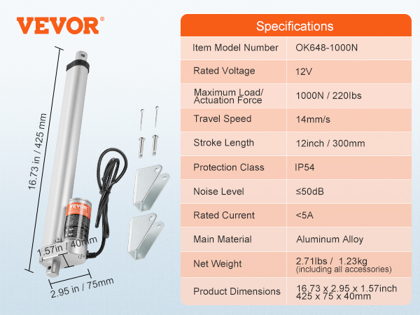 VEVOR lineārais izpildmehānisms ar 12 V, 1000 n spēku, 14 mm/s ātrumu un ip54 aizsardzību, ietver kronšteinus un skrūves.