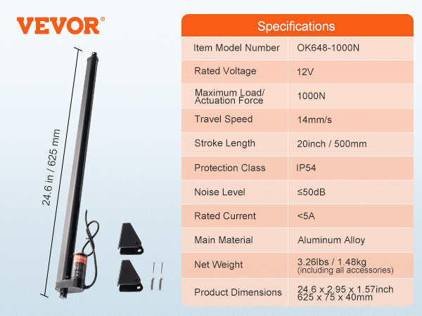 VEVOR linear actuator 12v with 20" stroke, aluminum alloy, <5a, 1000n, ip54, and mounting brackets.