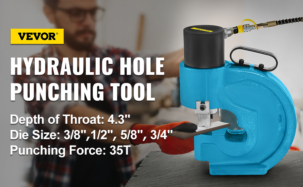 VEVOR hydraulic hole punching tool, 35t force, 4.3" throat, multiple die sizes.