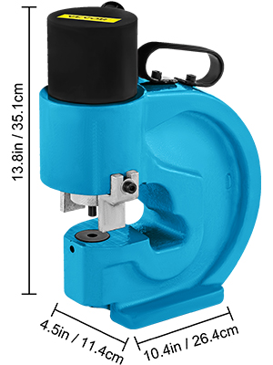 blue VEVOR hydraulic hole punching tool with dimensions labeled.