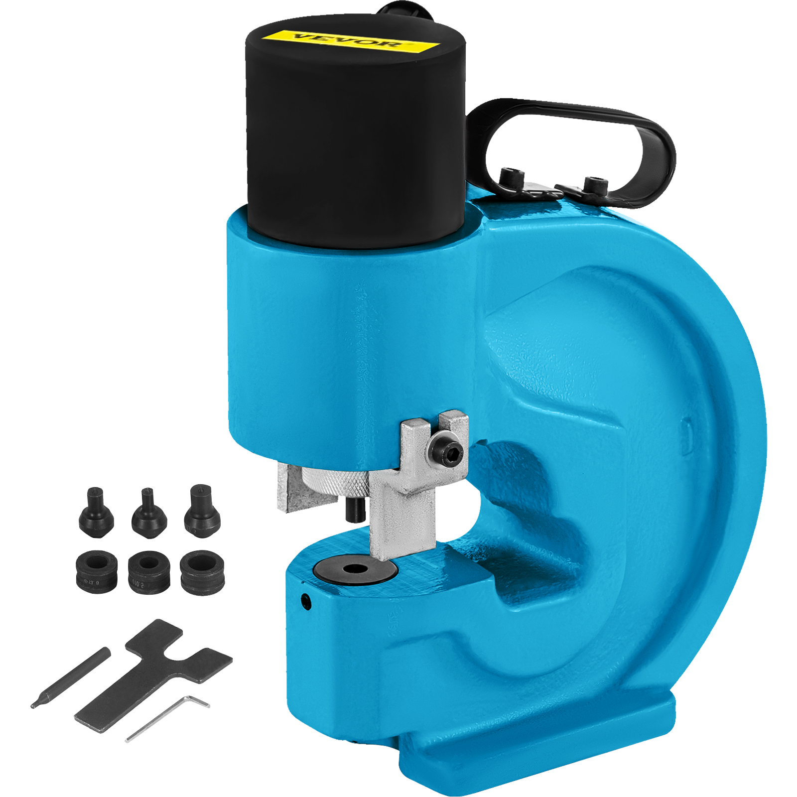 VEVOR hydraulic hole punching tool with accessories, featuring blue and black design.