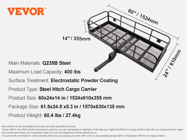 VEVOR trail hitch cargo carrier, steel, 60"x24"x14", q235b material, 400 lbs capacity, electrostatic coating.