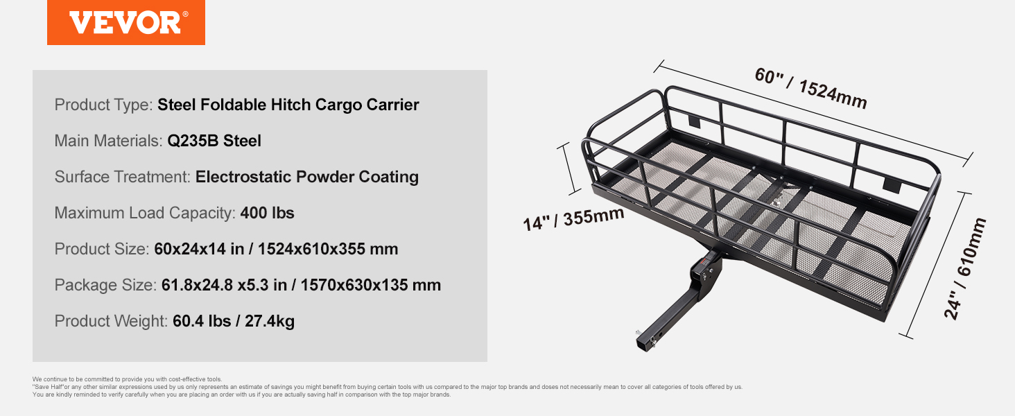 VEVOR trail hitch cargo carrier, steel, 60"x24"x14", q235b material, 400 lbs capacity, electrostatic coating.