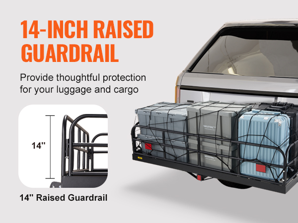 VEVOR trail hitch cargo carrier with 14-inch raised guardrail for luggage and cargo protection.